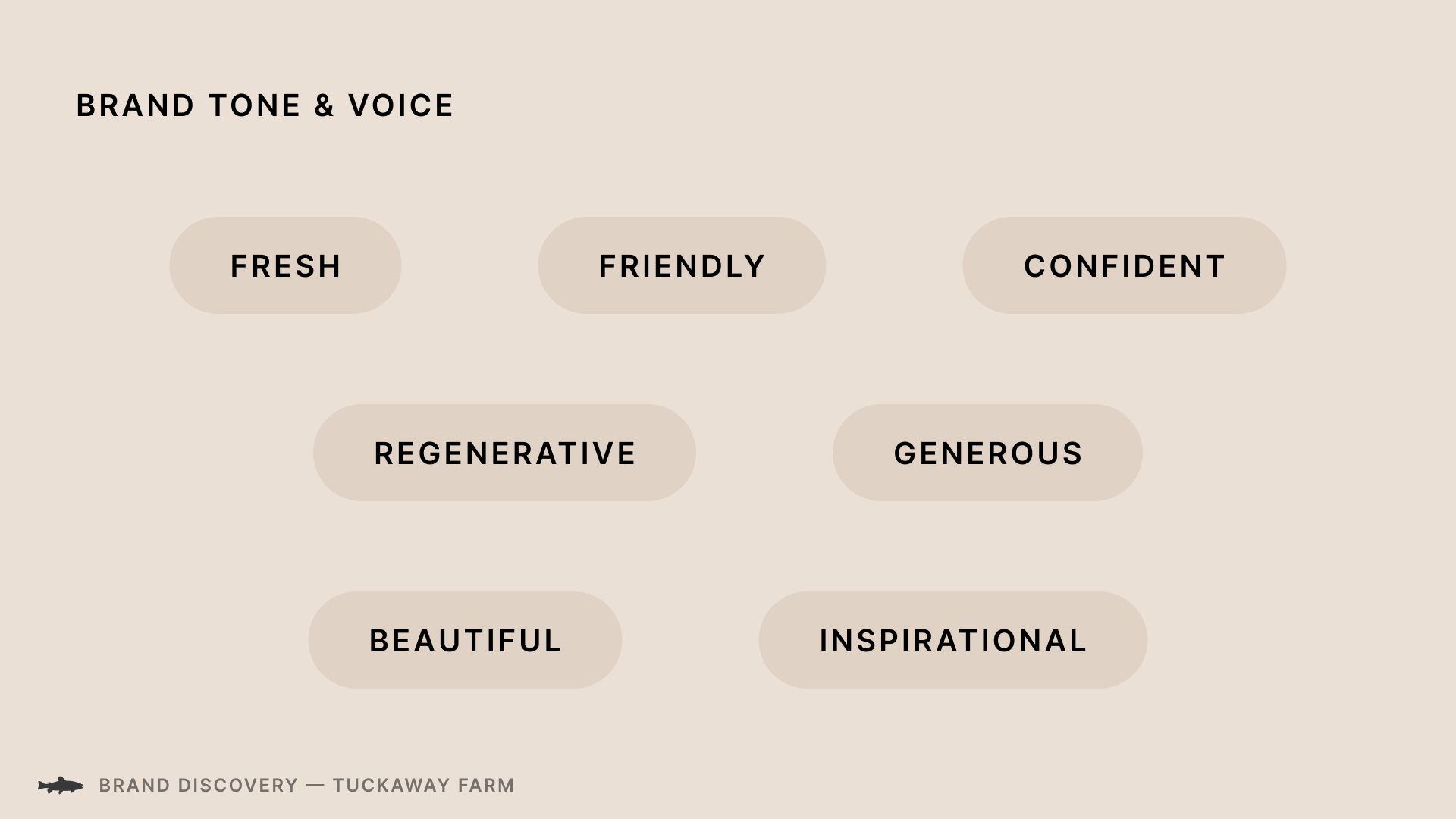 Words that describe Tuckaway Farm's brand tone and voice.